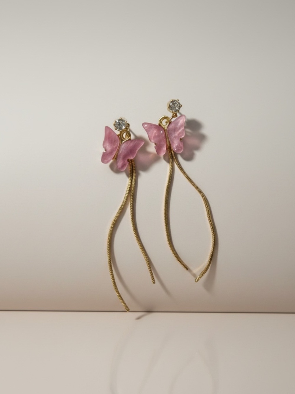 Pink Butterfly Dangle Earrings - Gold Chain Accent